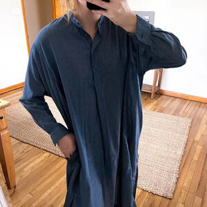 6397 Chambray Long Sleeve V Neck Oversized Lightweight Designer Maxi Dress XS